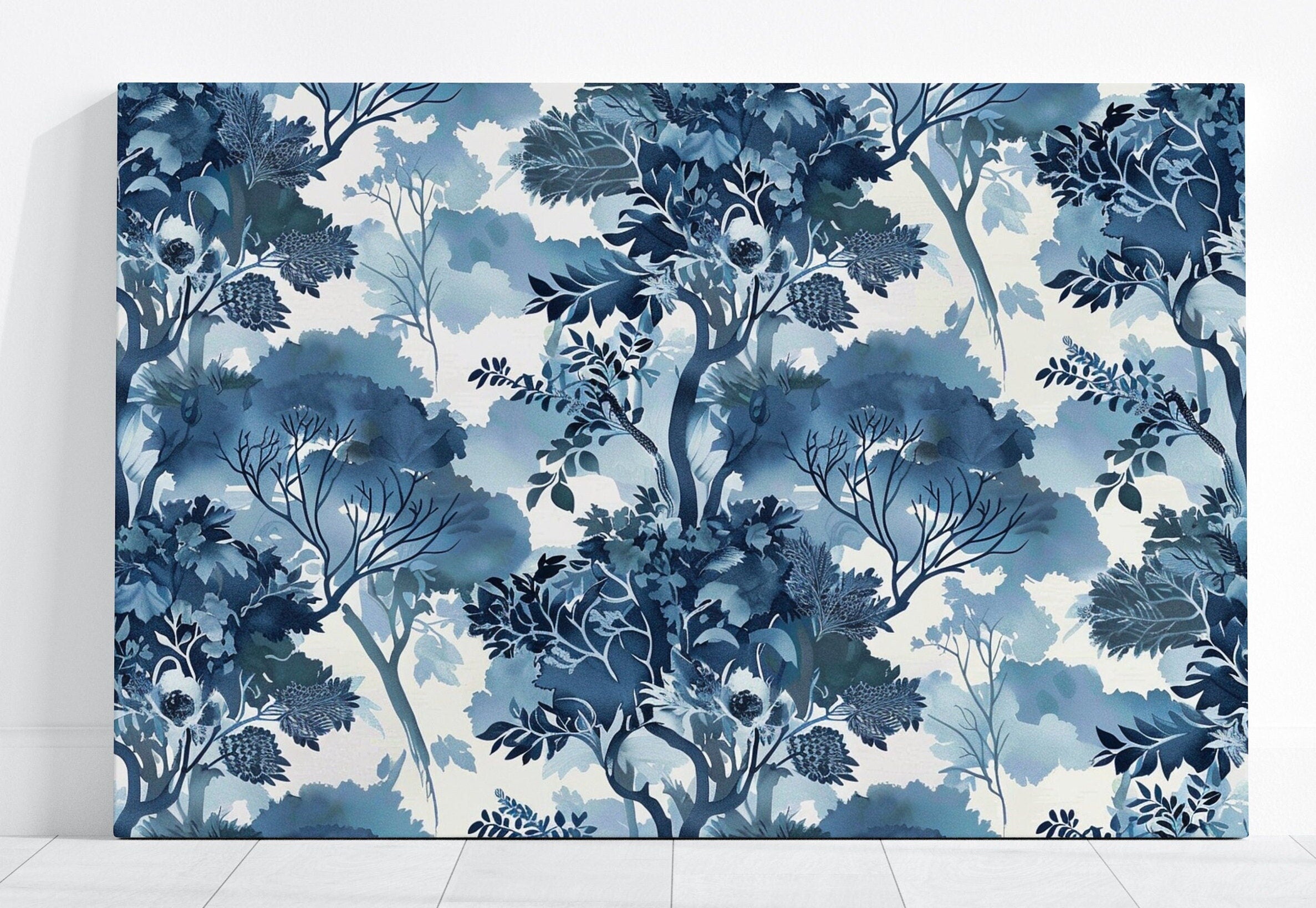 Ethereal Blue: Serene Watercolor Tree & Leaf Pattern | Tranquil & Elegant Wall Decor