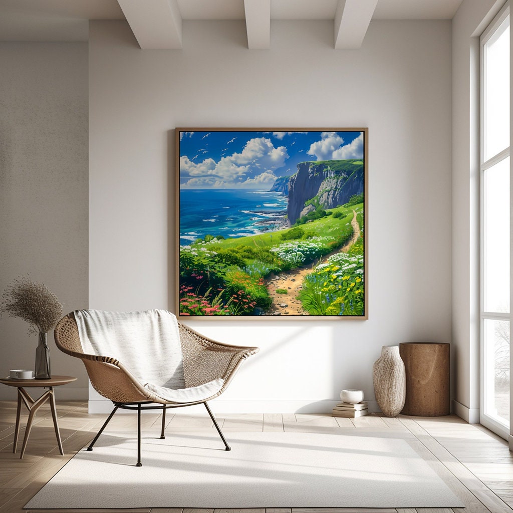 Path to Serenity: Anime-Inspired Wildflower Field & Ocean Cliffs | Whimsical & Vibrant Landscape Art