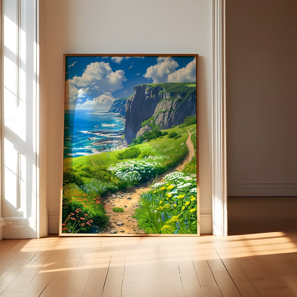 Path to Serenity: Anime-Inspired Wildflower Field & Ocean Cliffs | Whimsical & Vibrant Landscape Art