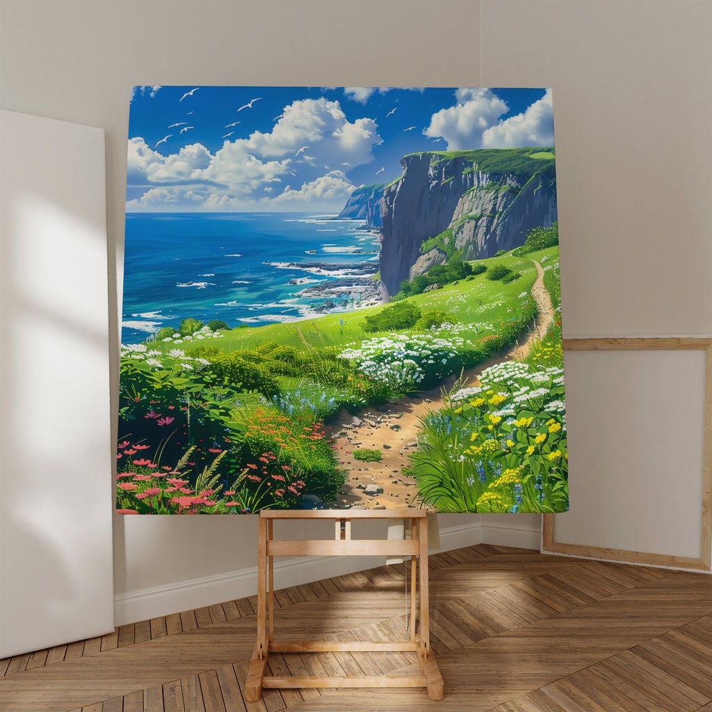 Path to Serenity: Anime-Inspired Wildflower Field & Ocean Cliffs | Whimsical & Vibrant Landscape Art