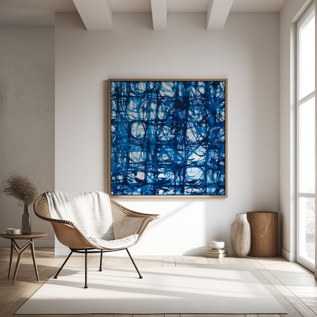 Chaotic Energy Abstract Blue Lines on White Interactive Wall Art