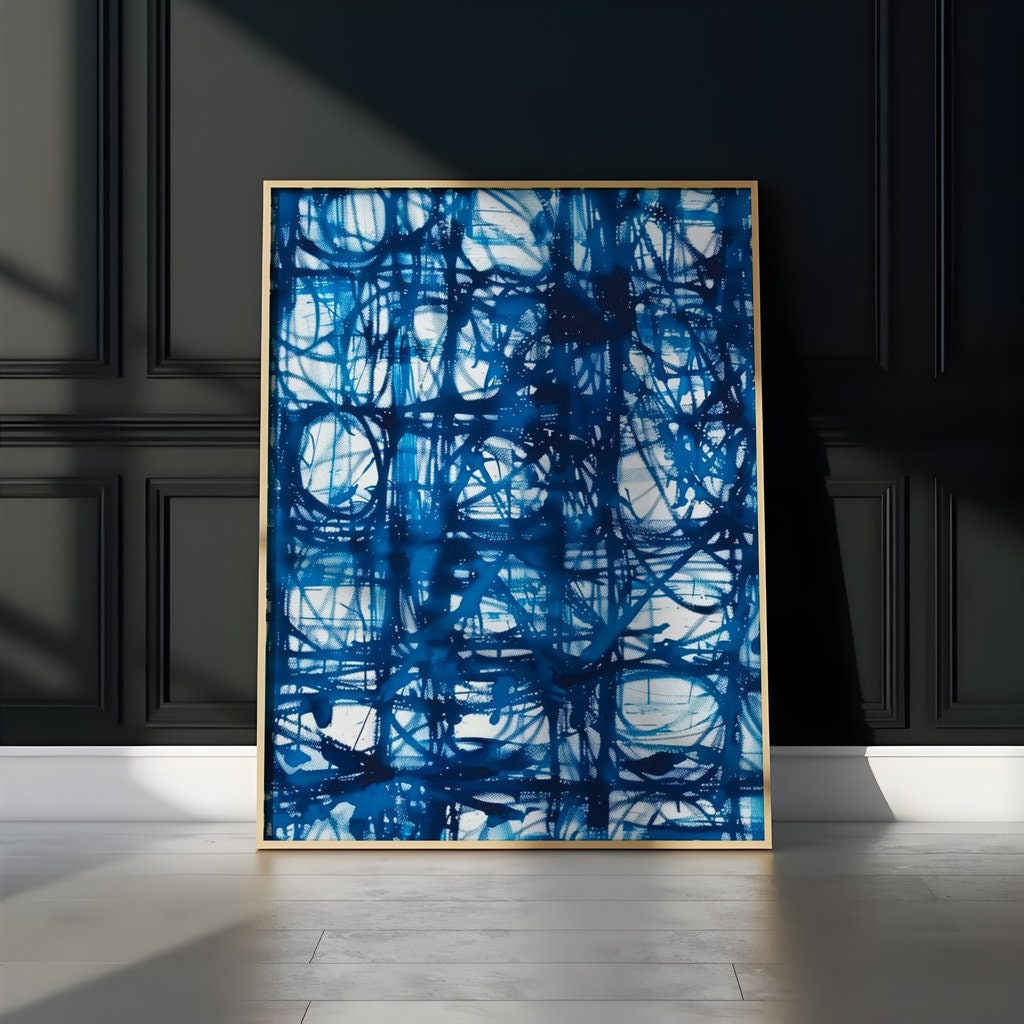 Chaotic Energy Abstract Blue Lines on White Interactive Wall Art