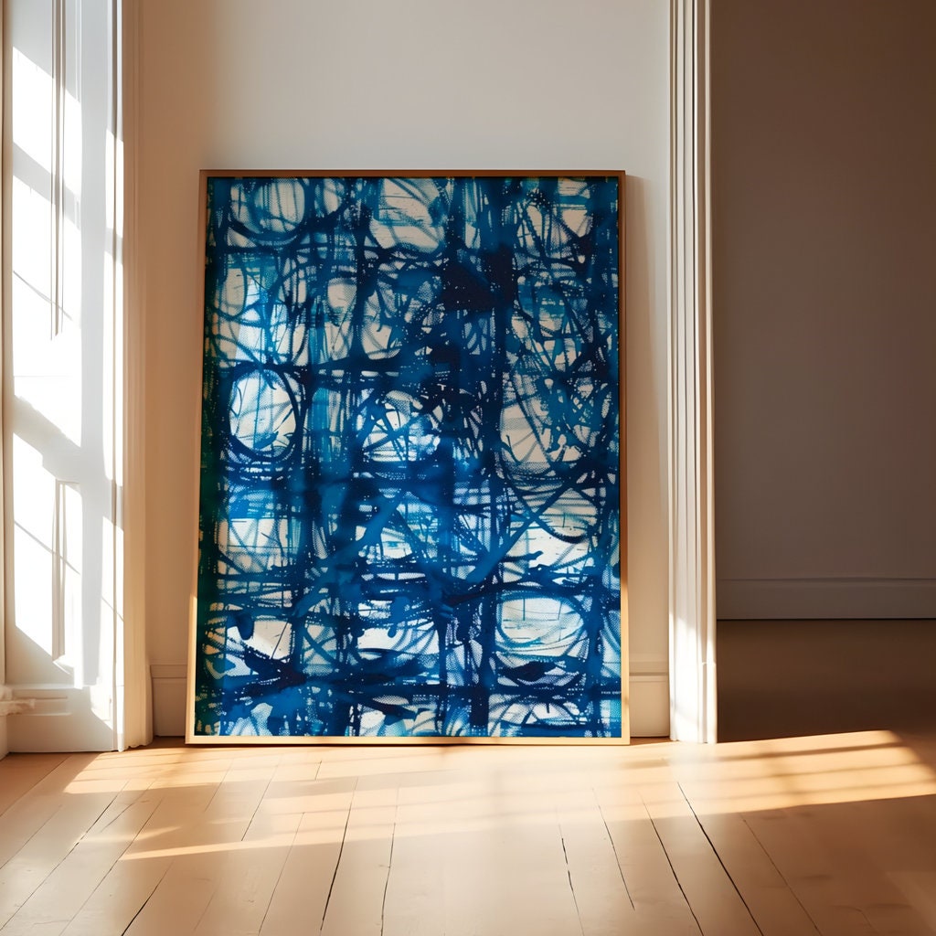 Chaotic Energy Abstract Blue Lines on White Interactive Wall Art