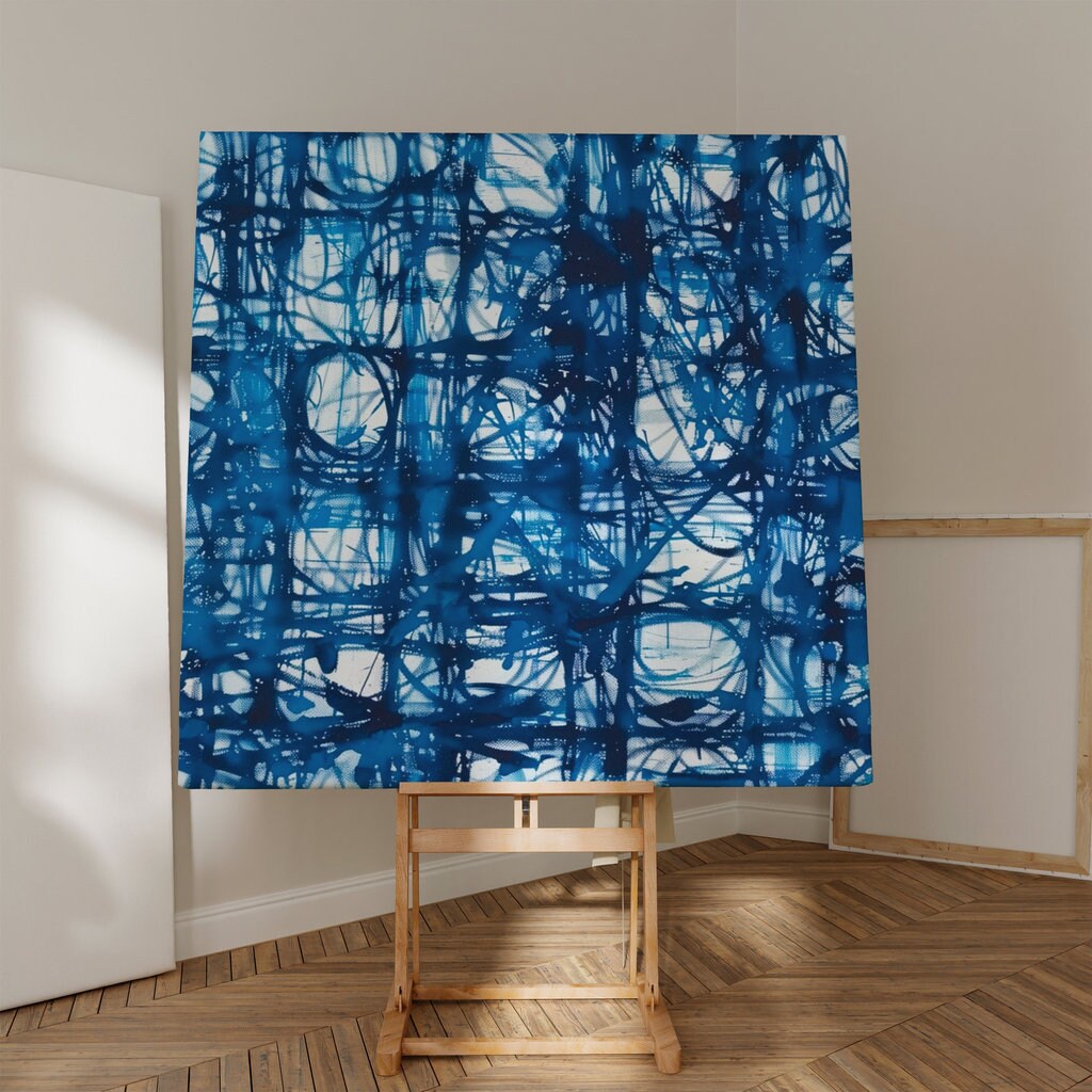 Chaotic Energy Abstract Blue Lines on White Interactive Wall Art