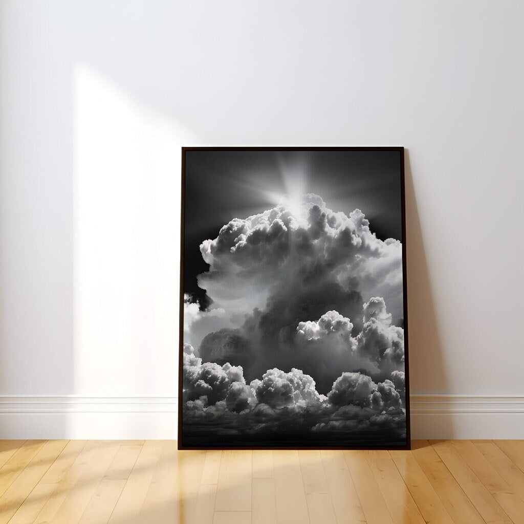 Sunlit Majesty Dramatic Clouds in Black and White Interactive Wall Art