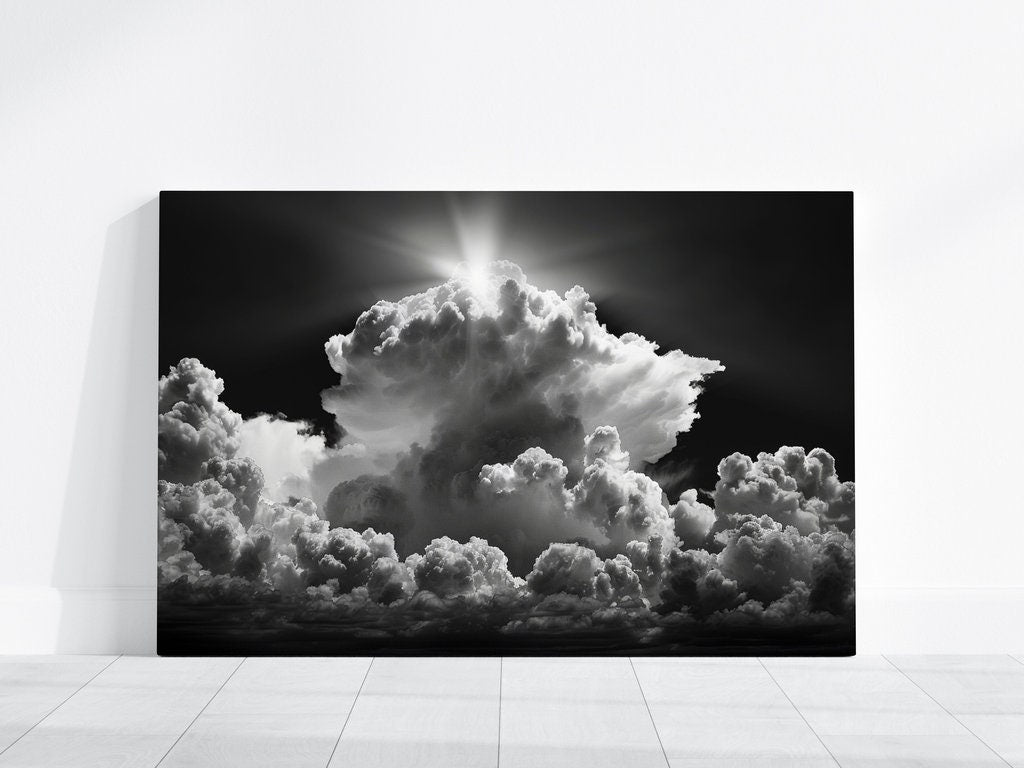 Sunlit Majesty Dramatic Clouds in Black and White Interactive Wall Art