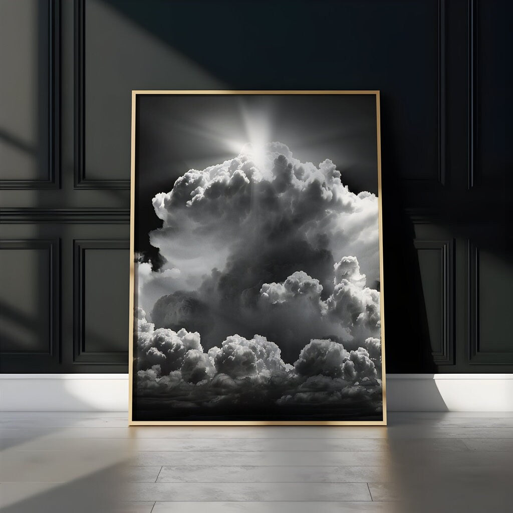 Sunlit Majesty Dramatic Clouds in Black and White Interactive Wall Art