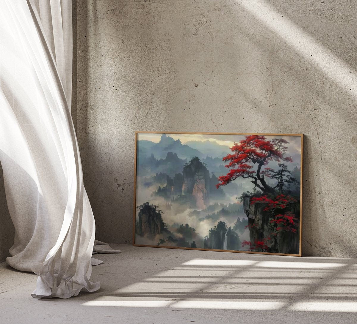 Ethereal Peaks: Chinese Mountain Landscape with Red Tree & Waterfall | Serene & Traditional Asian Art