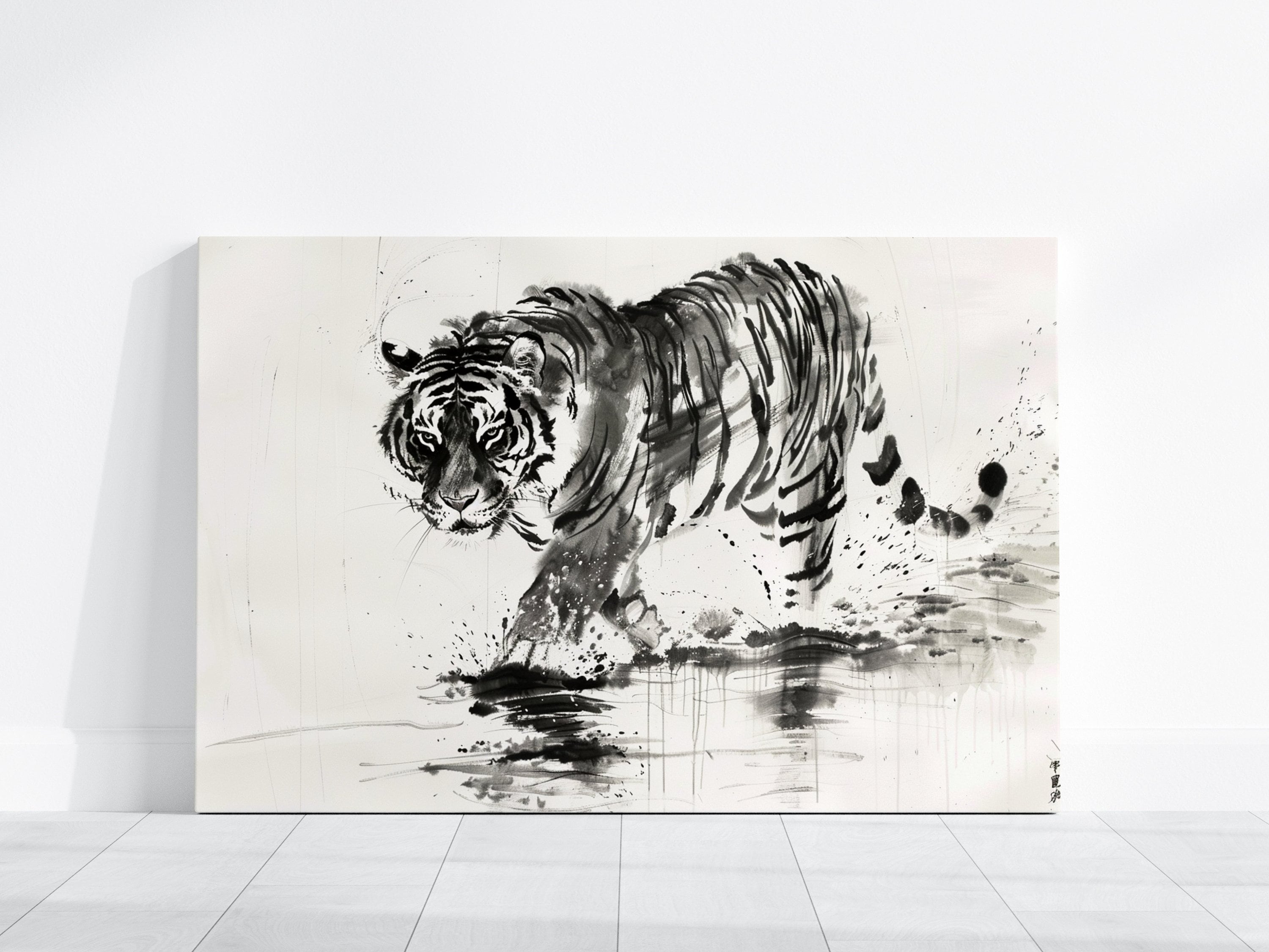 The Water Strider: Sumi-e Tiger in Water Art | Black & White Traditional Asian Ink Painting