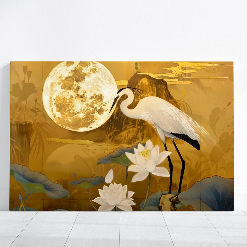 Moonlit Heron: Traditional Chinese Art with Lotus & Moon | Elegant & Serene Wall Decor