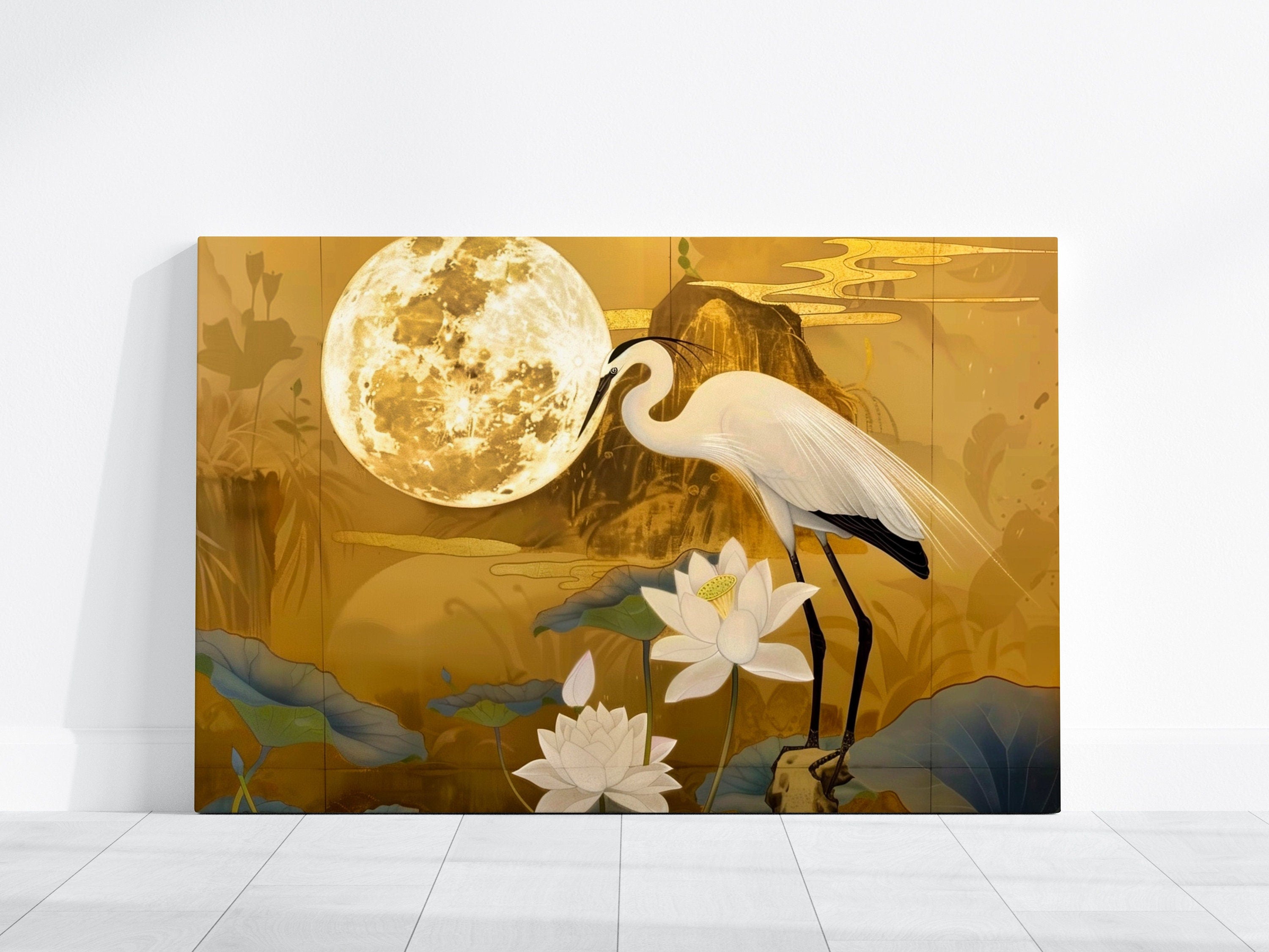 Moonlit Heron: Traditional Chinese Art with Lotus & Moon | Elegant & Serene Wall Decor