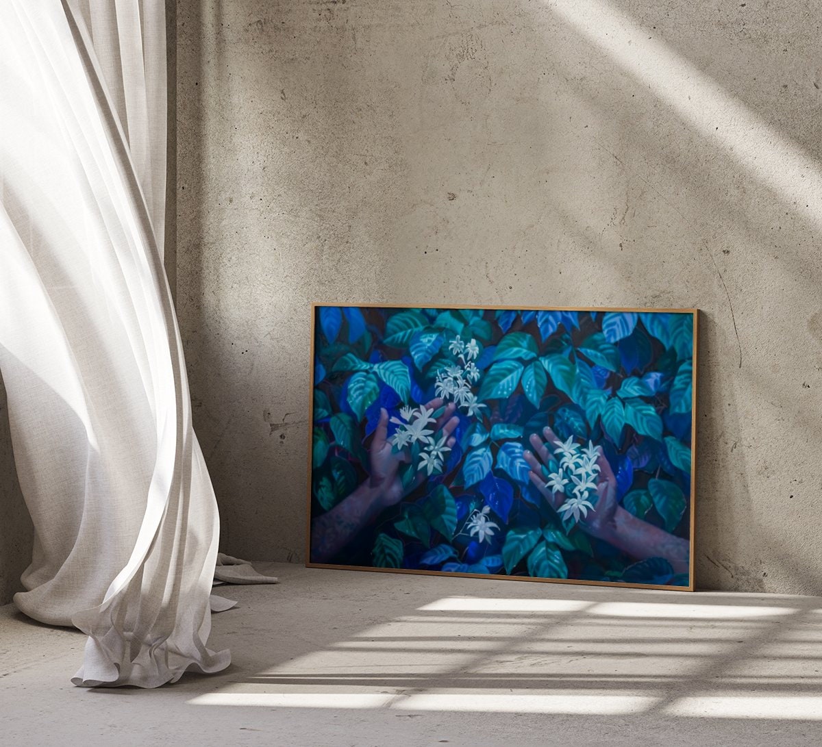 The Offering: Surreal Hands & White Flowers in Lush Foliage | Mystical & Elegant Botanical Art