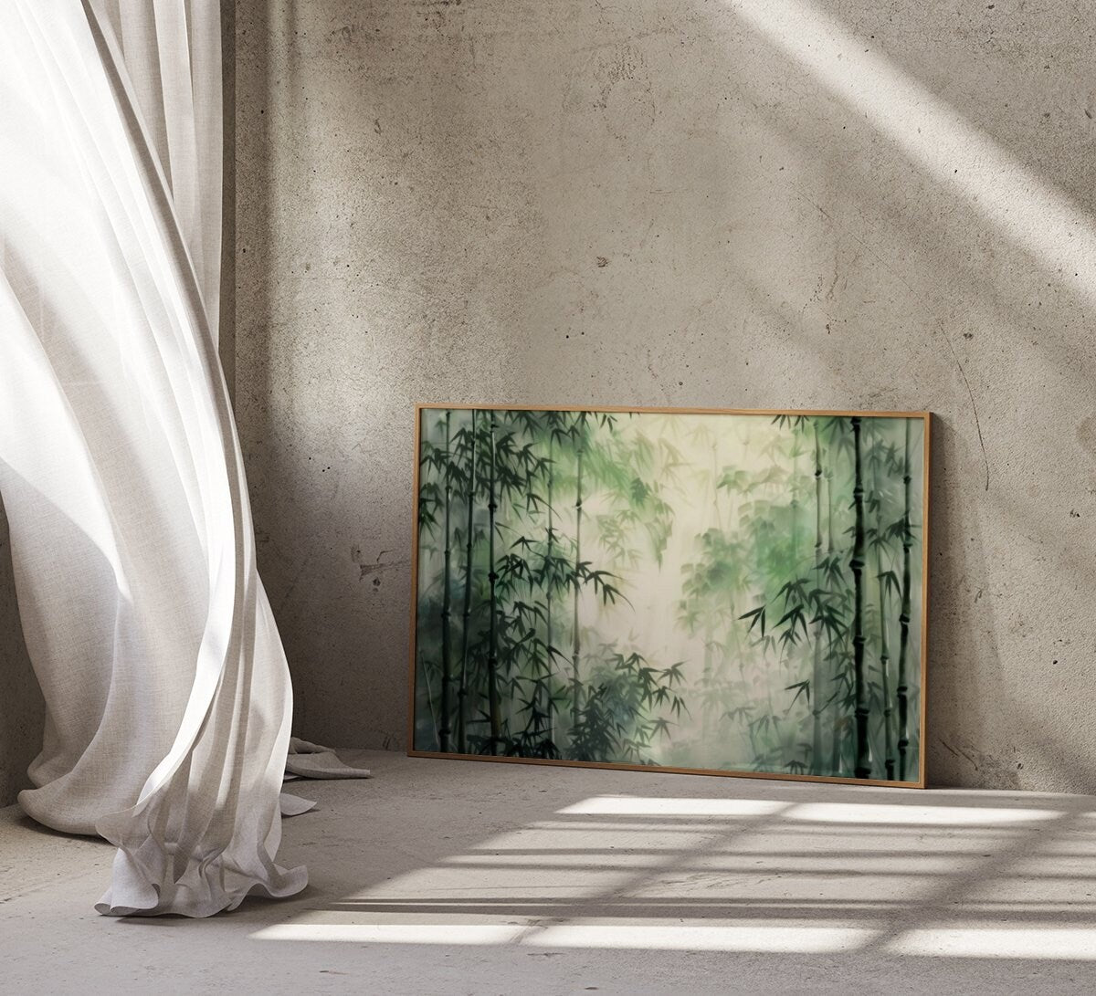 Serene Bamboo Grove: Green Forest Watercolor Print | Zen & Minimalist Japanese Inspired Art