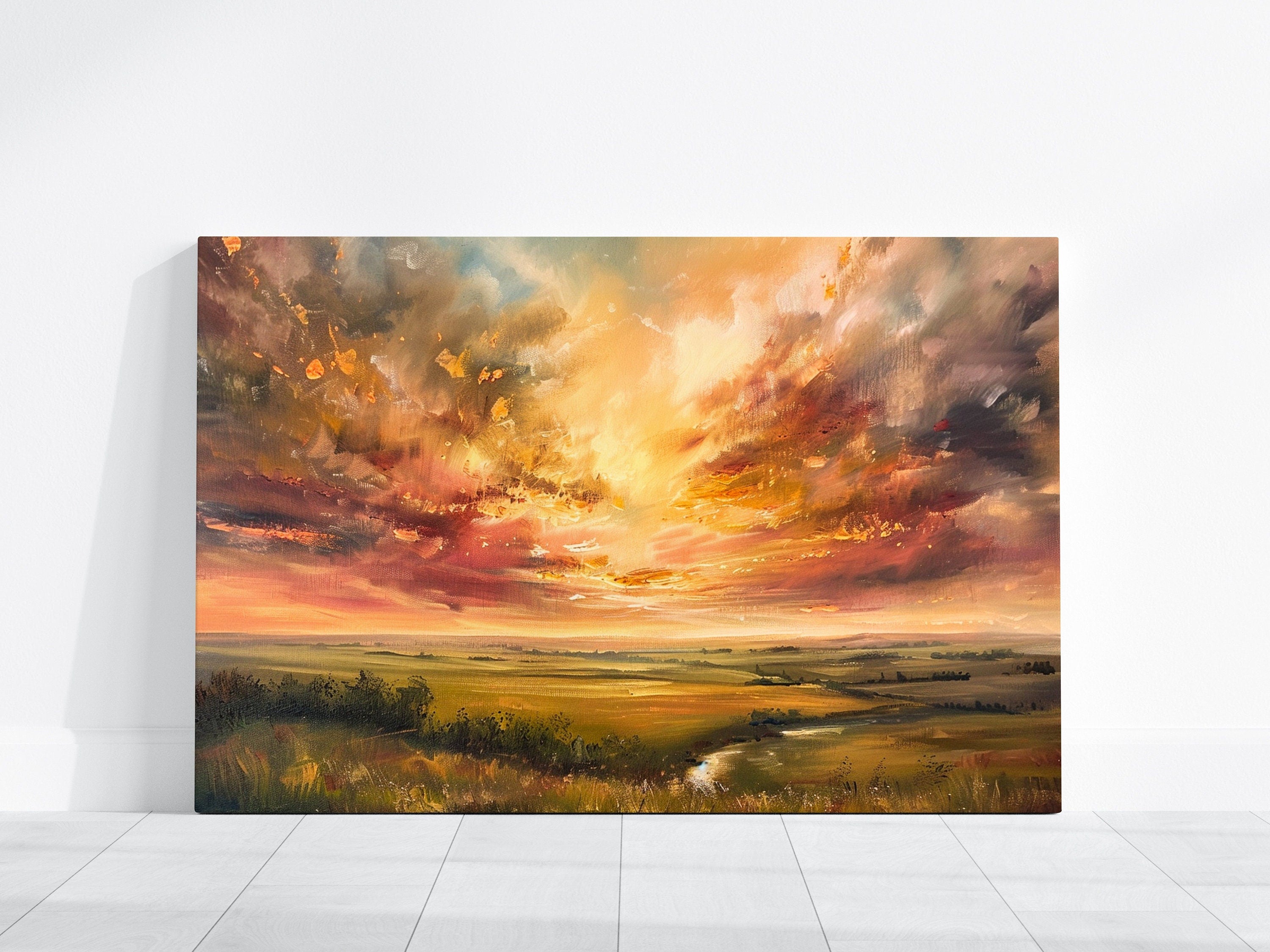 Golden Horizon: Impressionist Sunset Landscape Art | Warm & Serene Rolling Plains Decor