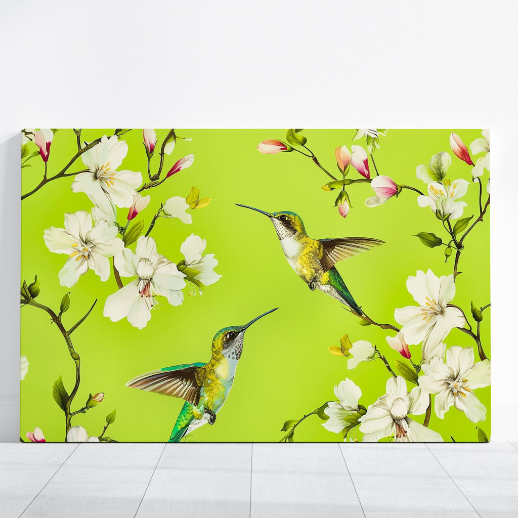 Iridescent Hummingbirds Hovering Amidst Blooming White Magnolia Flowers Interactive Wall Art