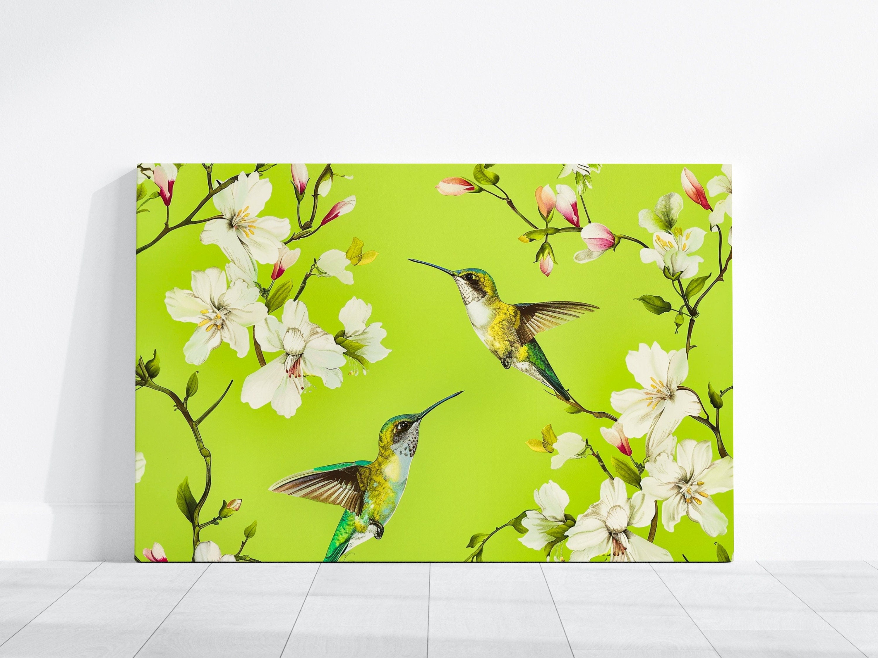 Iridescent Hummingbirds Hovering Amidst Blooming White Magnolia Flowers Interactive Wall Art