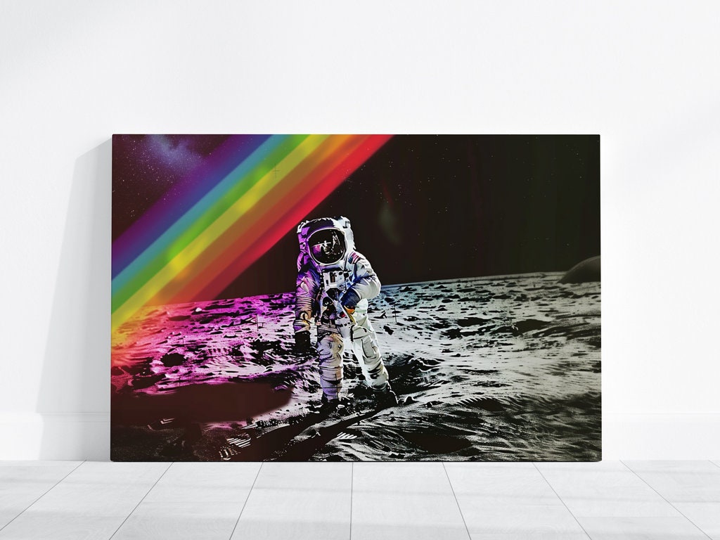 Lunar Spectrum Astronaut on the Moon with Rainbow Sky Interactive Wall Art