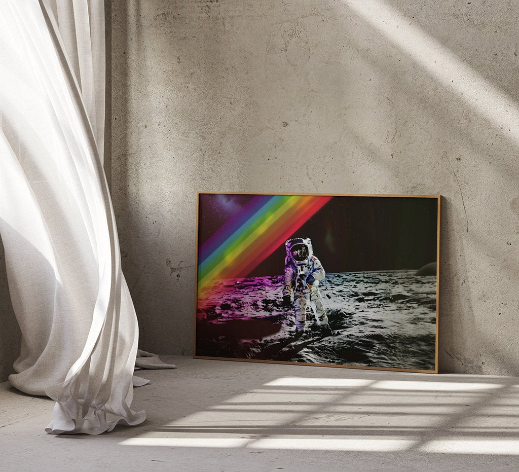 Lunar Spectrum Astronaut on the Moon with Rainbow Sky Interactive Wall Art