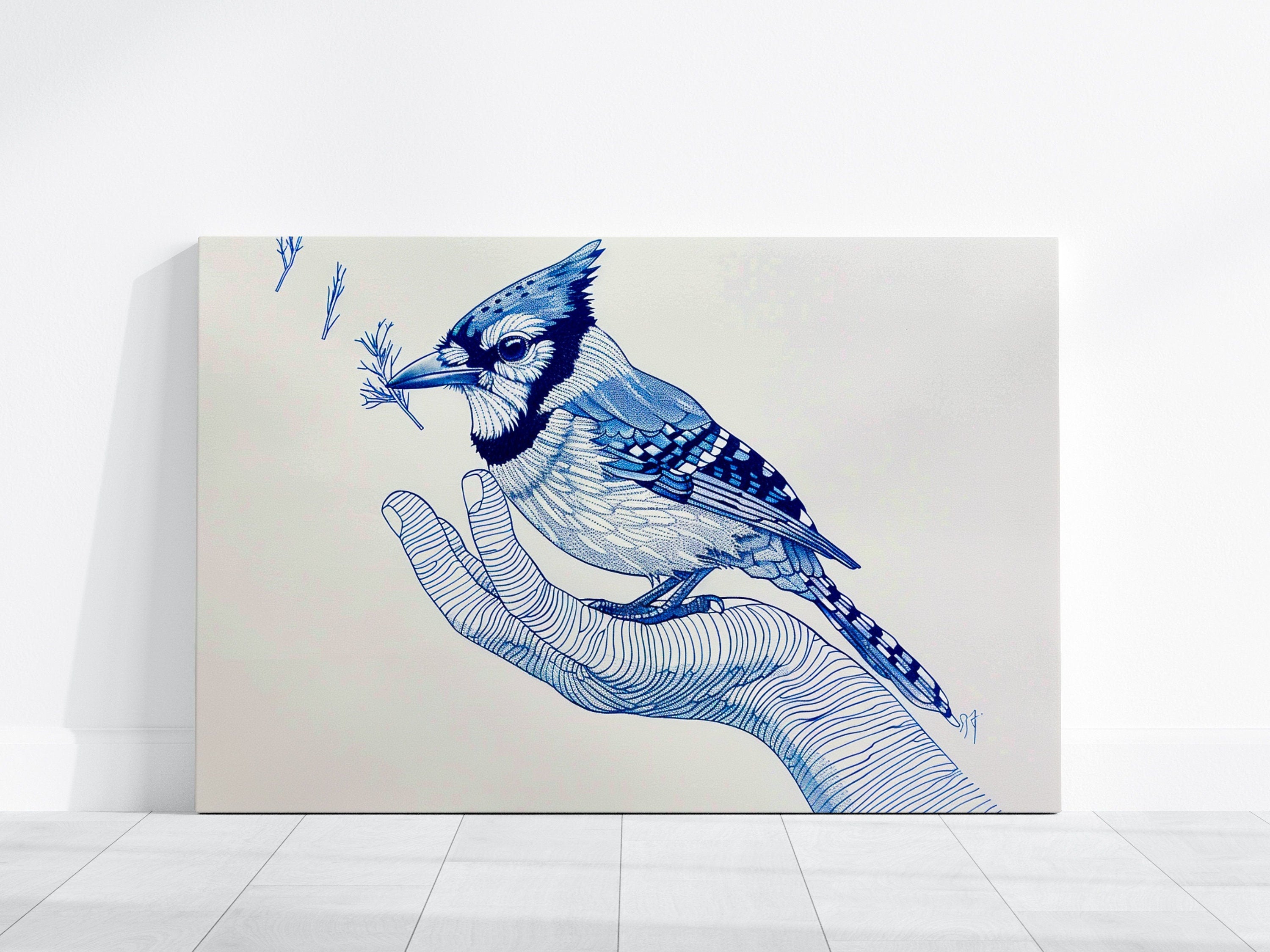 Blue Jay Elegance Intricate Line Interactive Wall Art