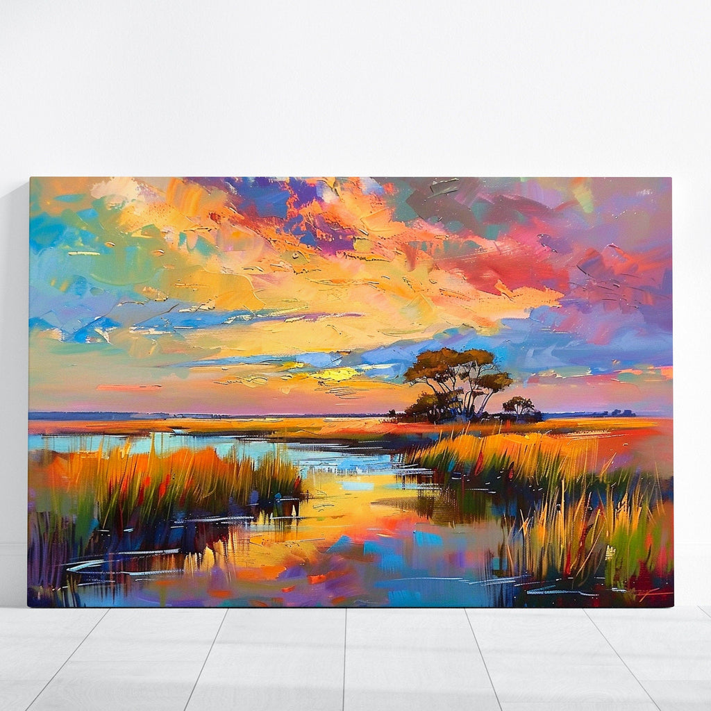 Marsh Sunset Serenity: Impressionist Landscape with Tall Grass & Lone Tree | Serene & Vibrant Wall Art