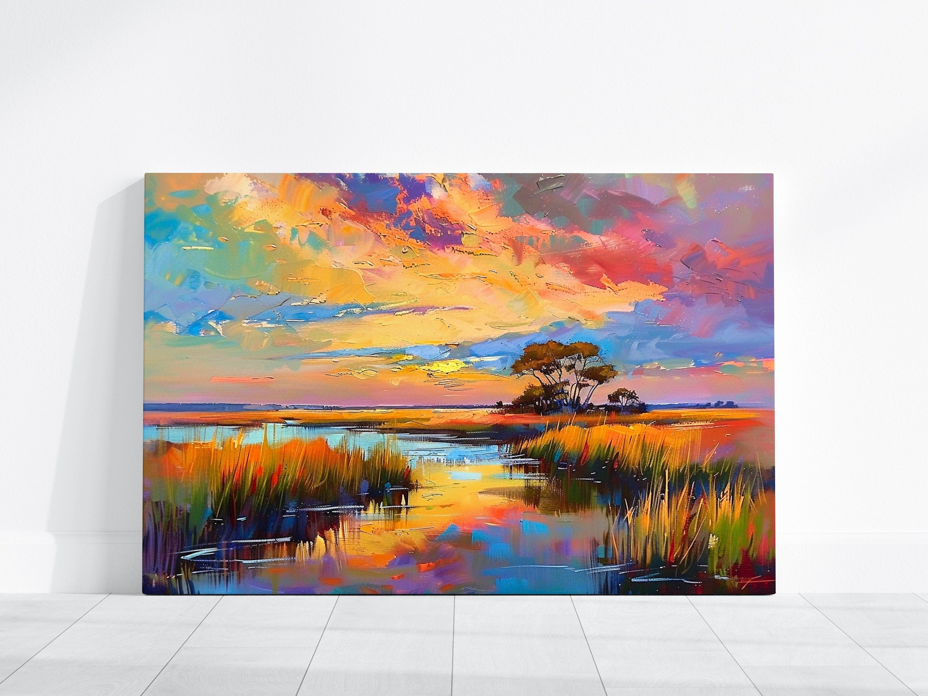 Marsh Sunset Serenity: Impressionist Landscape with Tall Grass & Lone Tree | Serene & Vibrant Wall Art