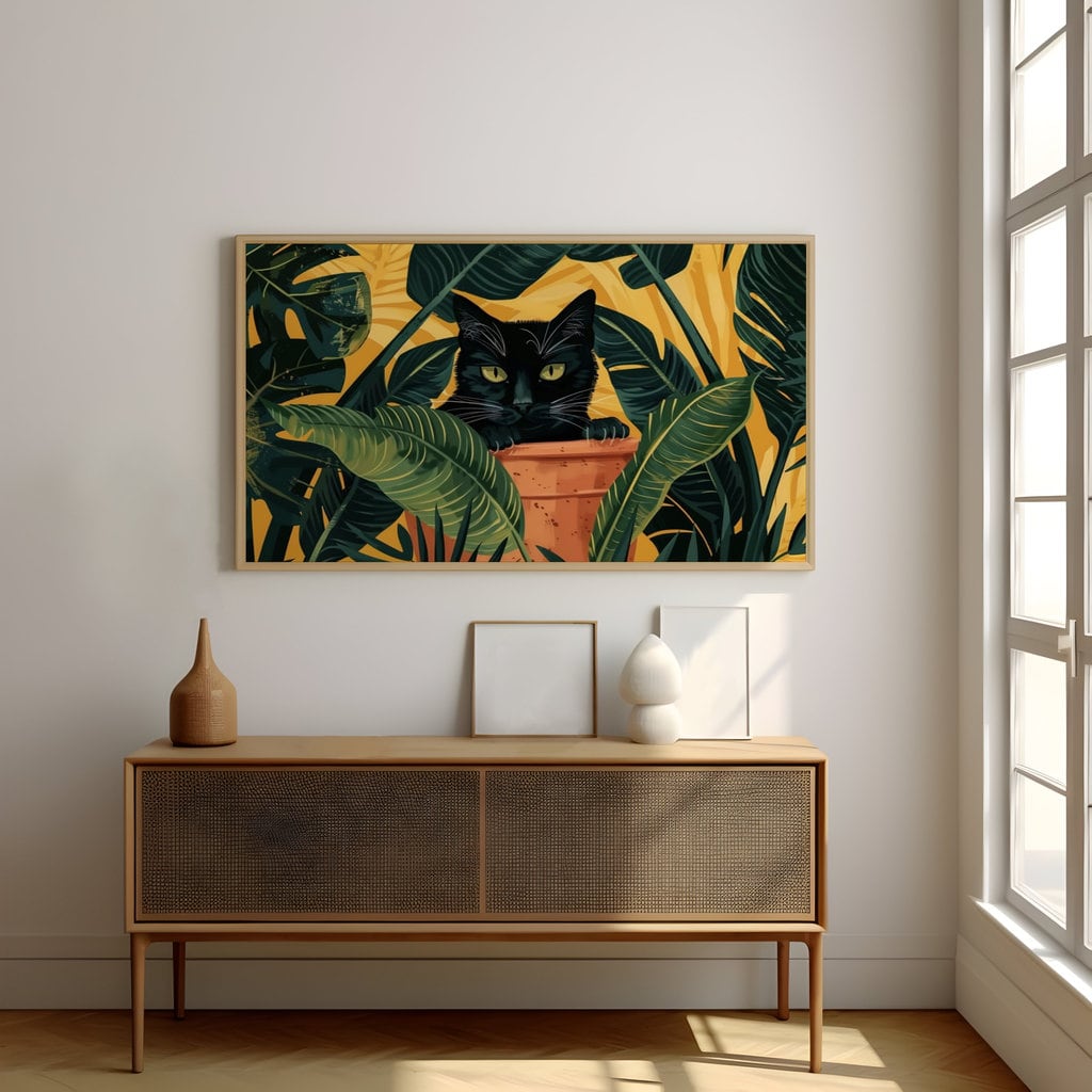 Tropical House Black Cat Peeking Through Lush Leaves Interactive Wall Art