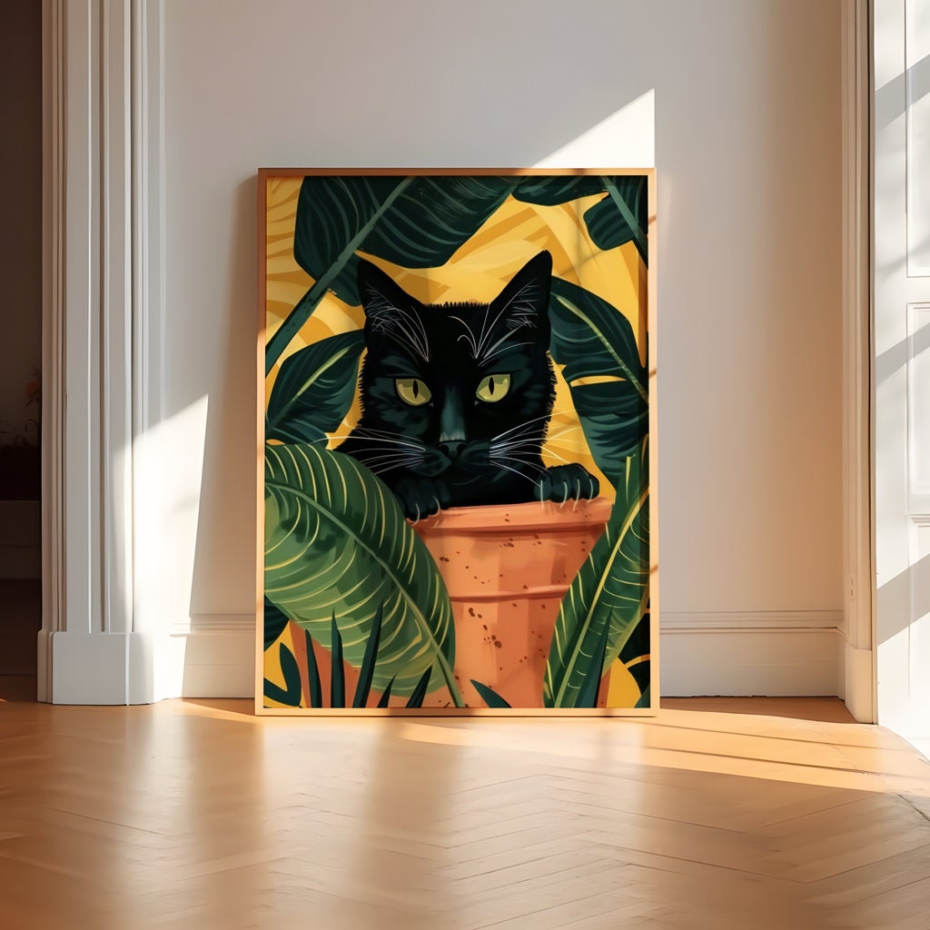 Tropical House Black Cat Peeking Through Lush Leaves Interactive Wall Art