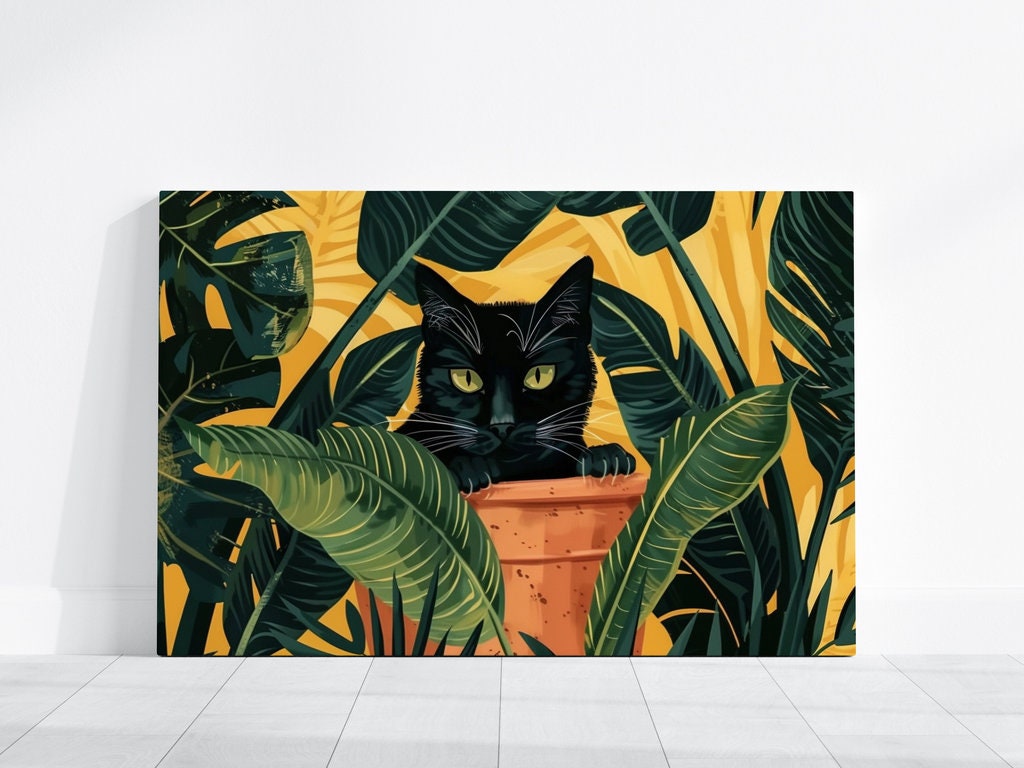 Tropical House Black Cat Peeking Through Lush Leaves Interactive Wall Art