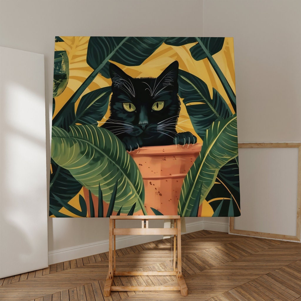 Tropical House Black Cat Peeking Through Lush Leaves Interactive Wall Art