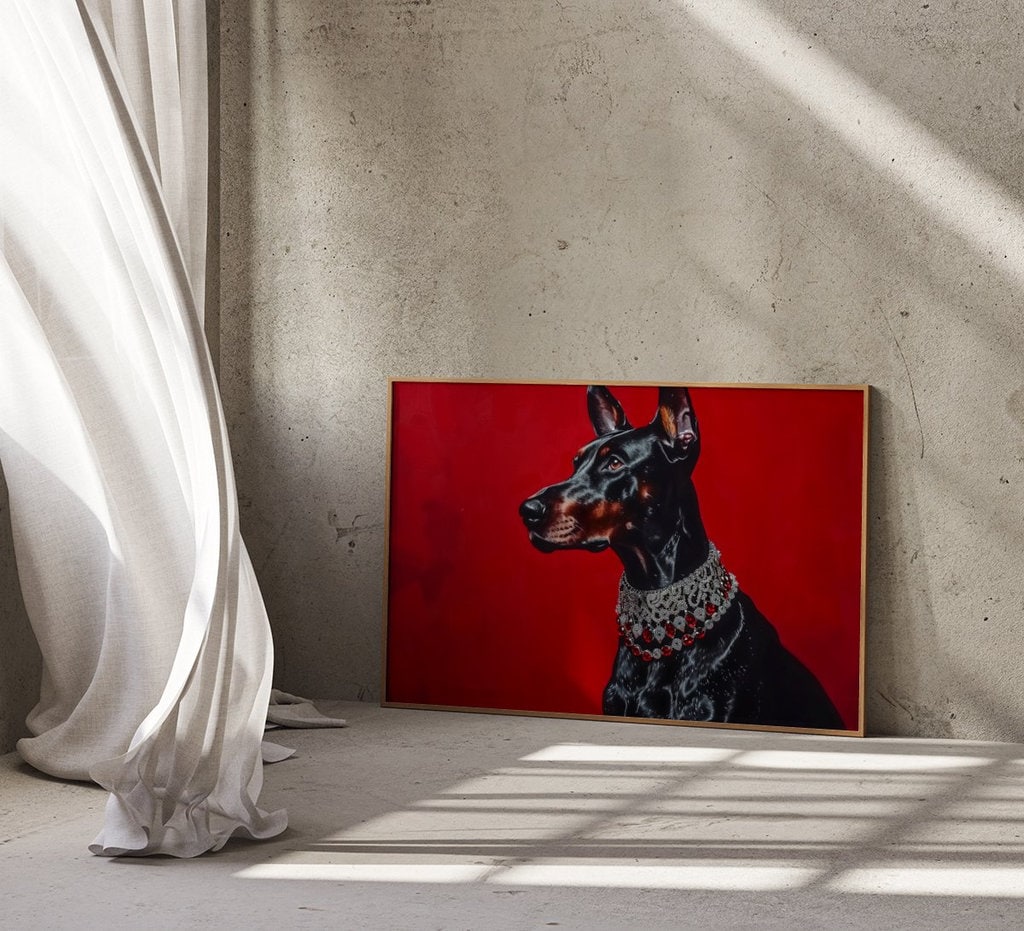 Regal Doberman Vibrant Portrait with Gemstone Collar Interactive Wall Art