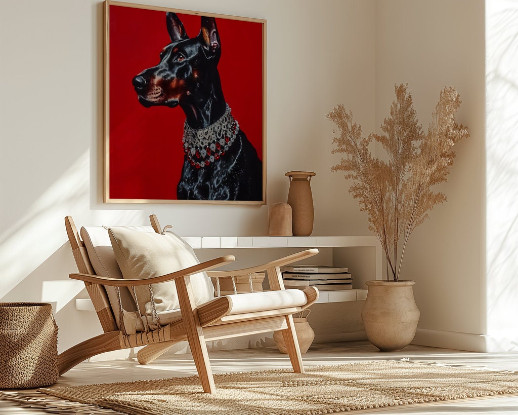 Regal Doberman Vibrant Portrait with Gemstone Collar Interactive Wall Art