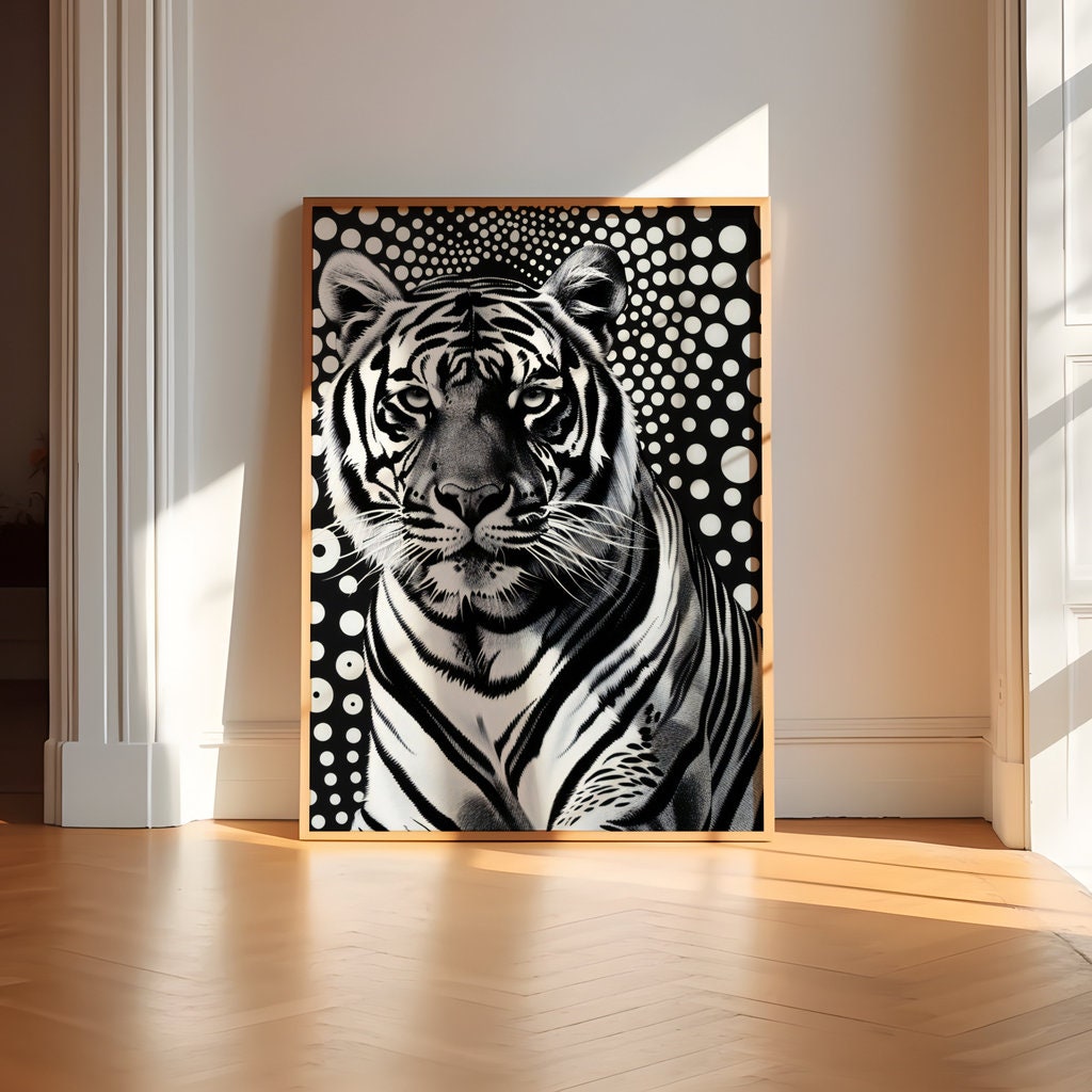 Tiger Gaze Intensity Against Abstract Polka Dots Interactive Wall Art