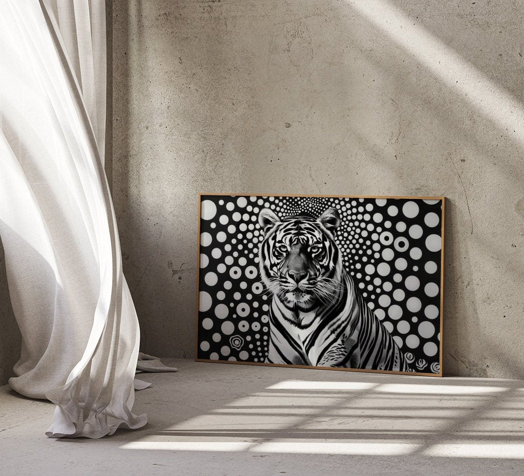 Tiger Gaze Intensity Against Abstract Polka Dots Interactive Wall Art