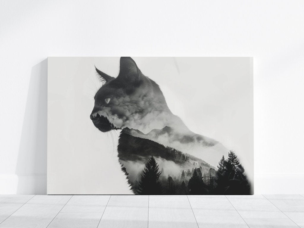 Mystical Fusion Cat's Face and Misty Mountains Interactive Wall Art