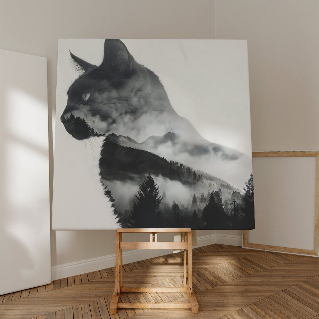 Mystical Fusion Cat's Face and Misty Mountains Interactive Wall Art