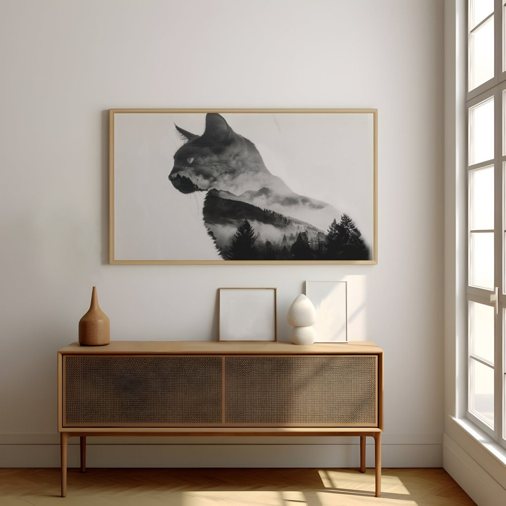 Mystical Fusion Cat's Face and Misty Mountains Interactive Wall Art