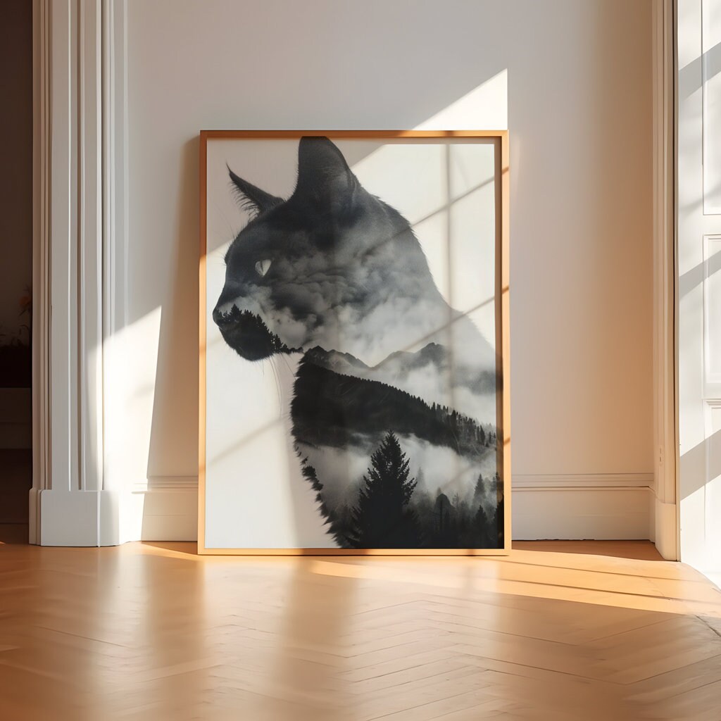 Mystical Fusion Cat's Face and Misty Mountains Interactive Wall Art