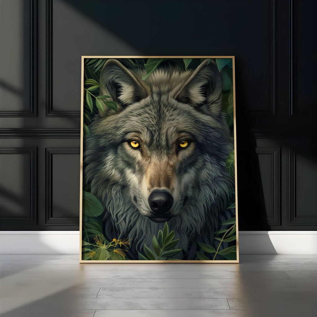 Gray Wolf with Piercing Yellow Eyes Interactive Wall Art