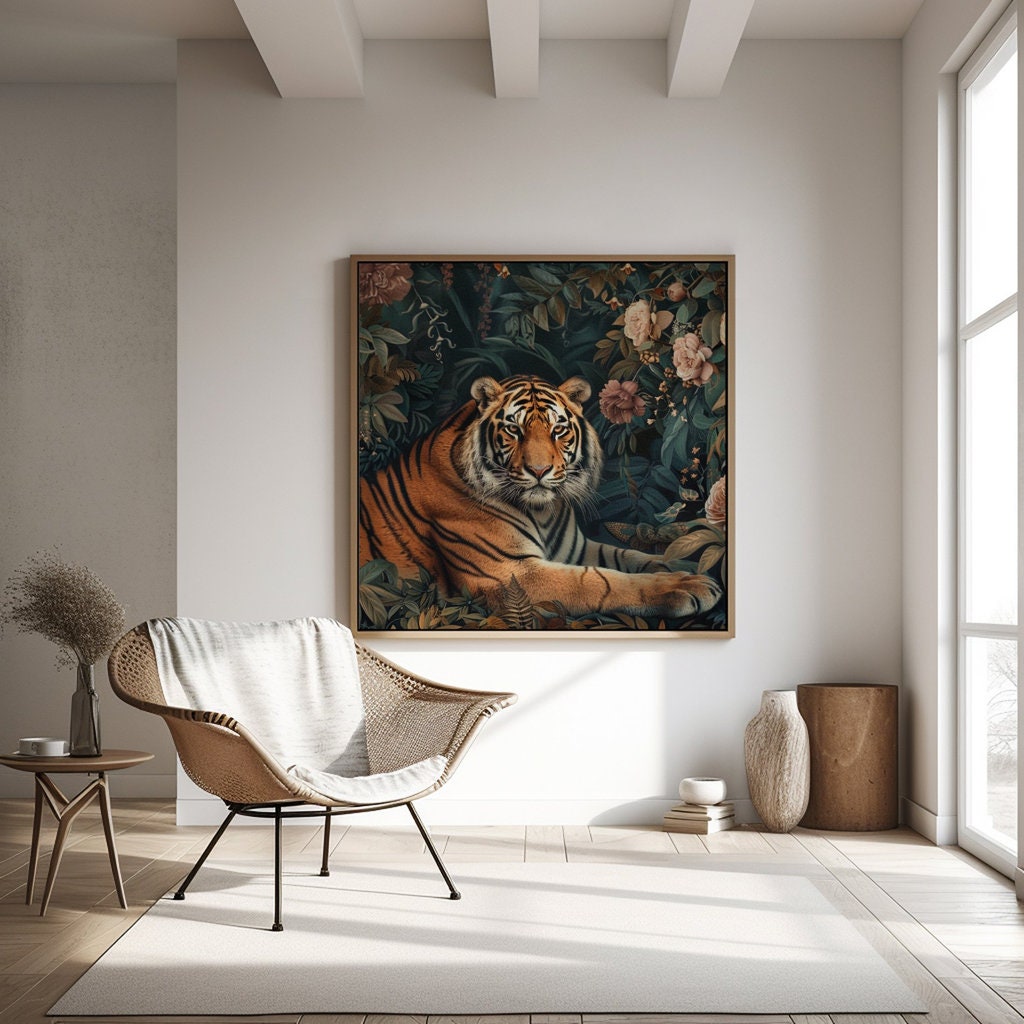 Tranquil Majestic Bengal Tiger in Lush Garden Interactive Wall Art