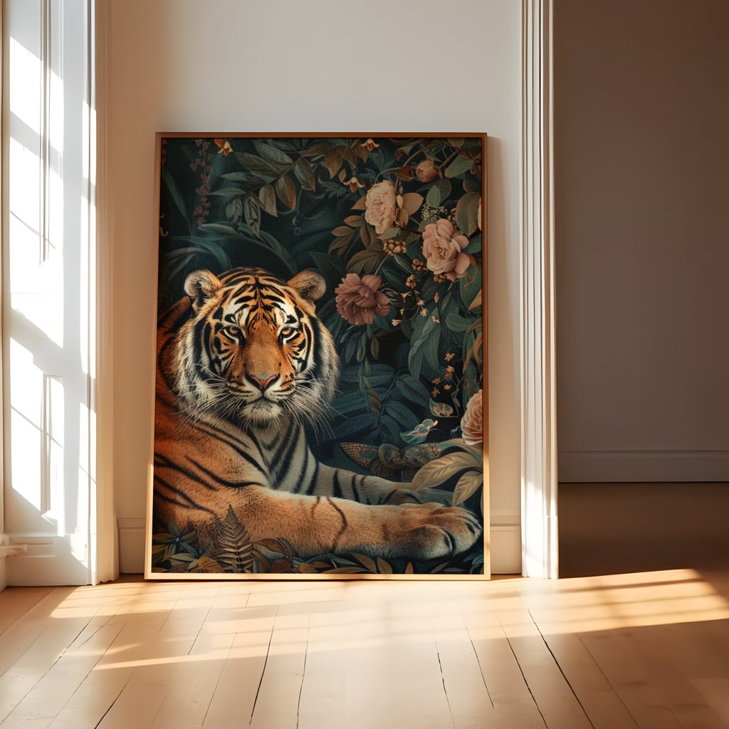 Tranquil Majestic Bengal Tiger in Lush Garden Interactive Wall Art