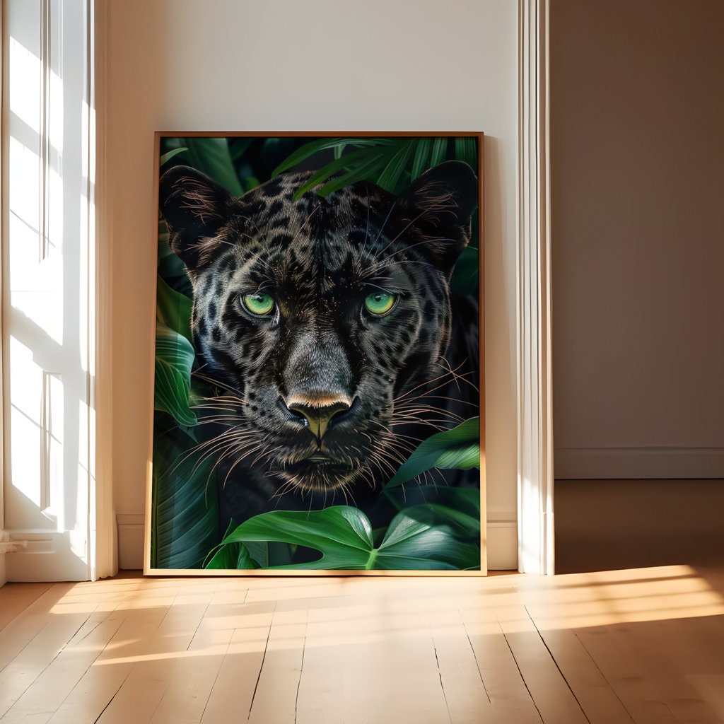 Stealthy Elegance Hyperrealistic Black Panther, Piercing Green Eyes Interactive Wall Art