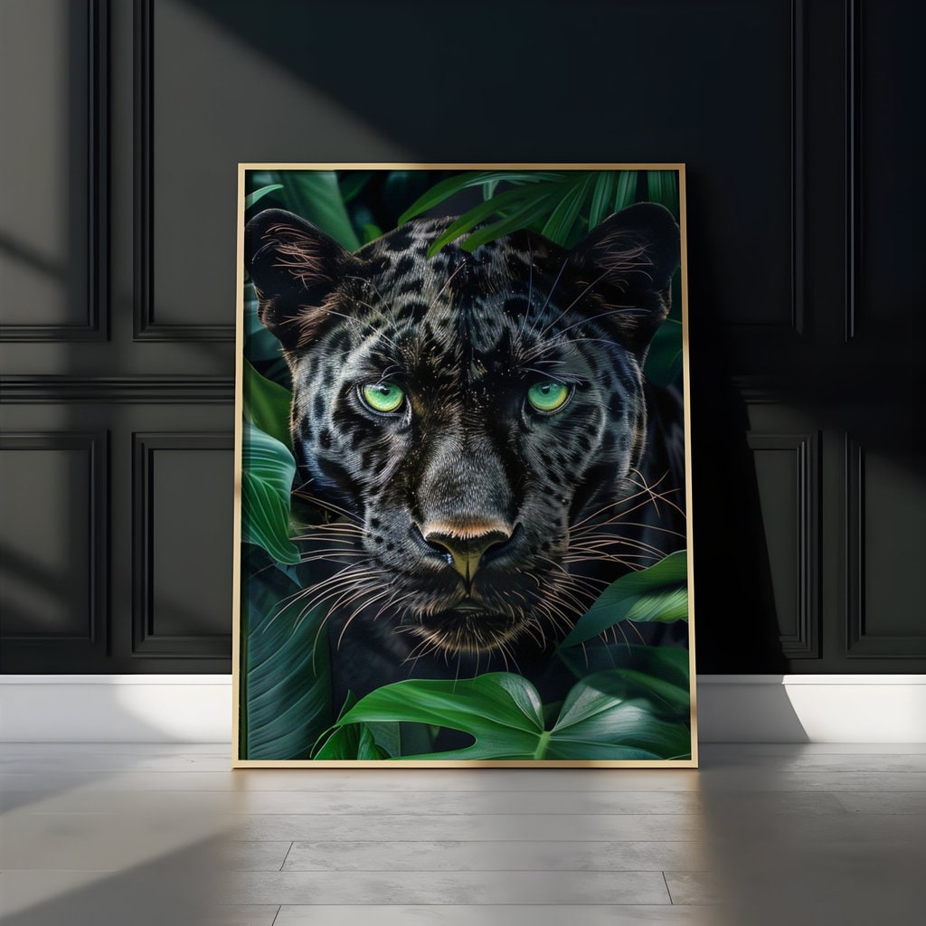 Stealthy Elegance Hyperrealistic Black Panther, Piercing Green Eyes Interactive Wall Art