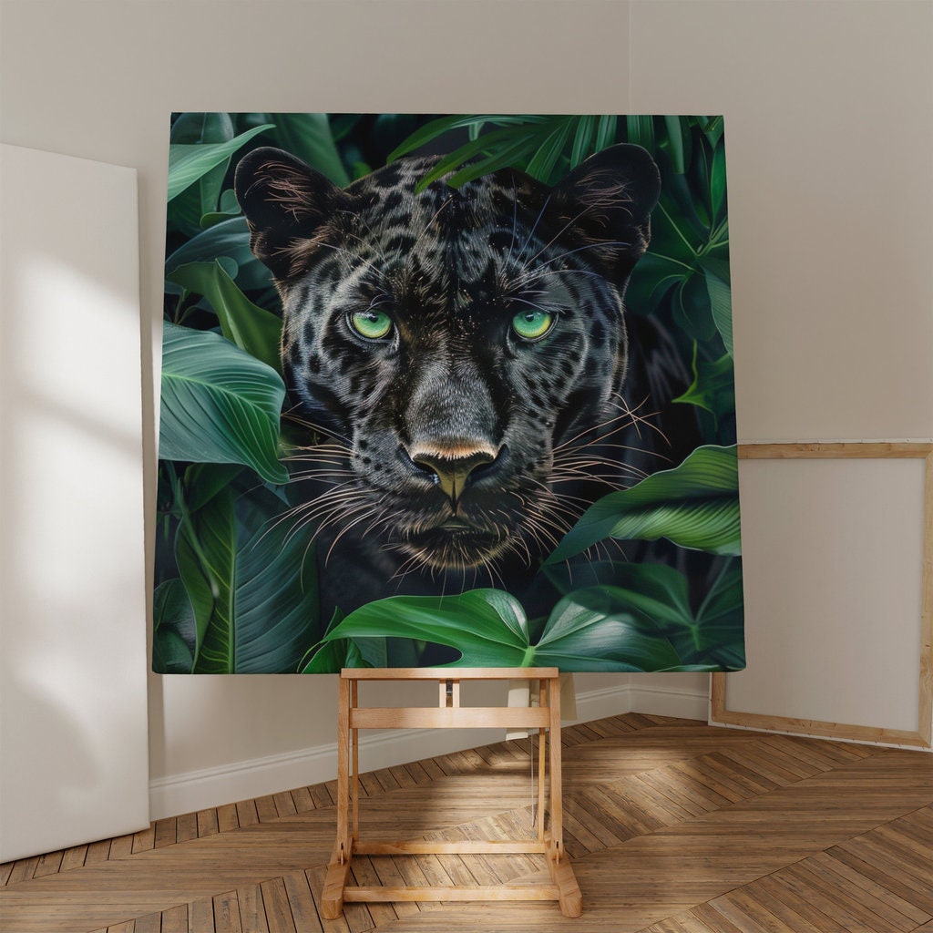 Stealthy Elegance Hyperrealistic Black Panther, Piercing Green Eyes Interactive Wall Art