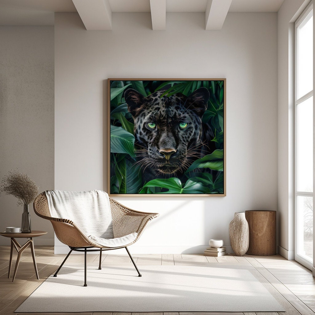 Stealthy Elegance Hyperrealistic Black Panther, Piercing Green Eyes Interactive Wall Art