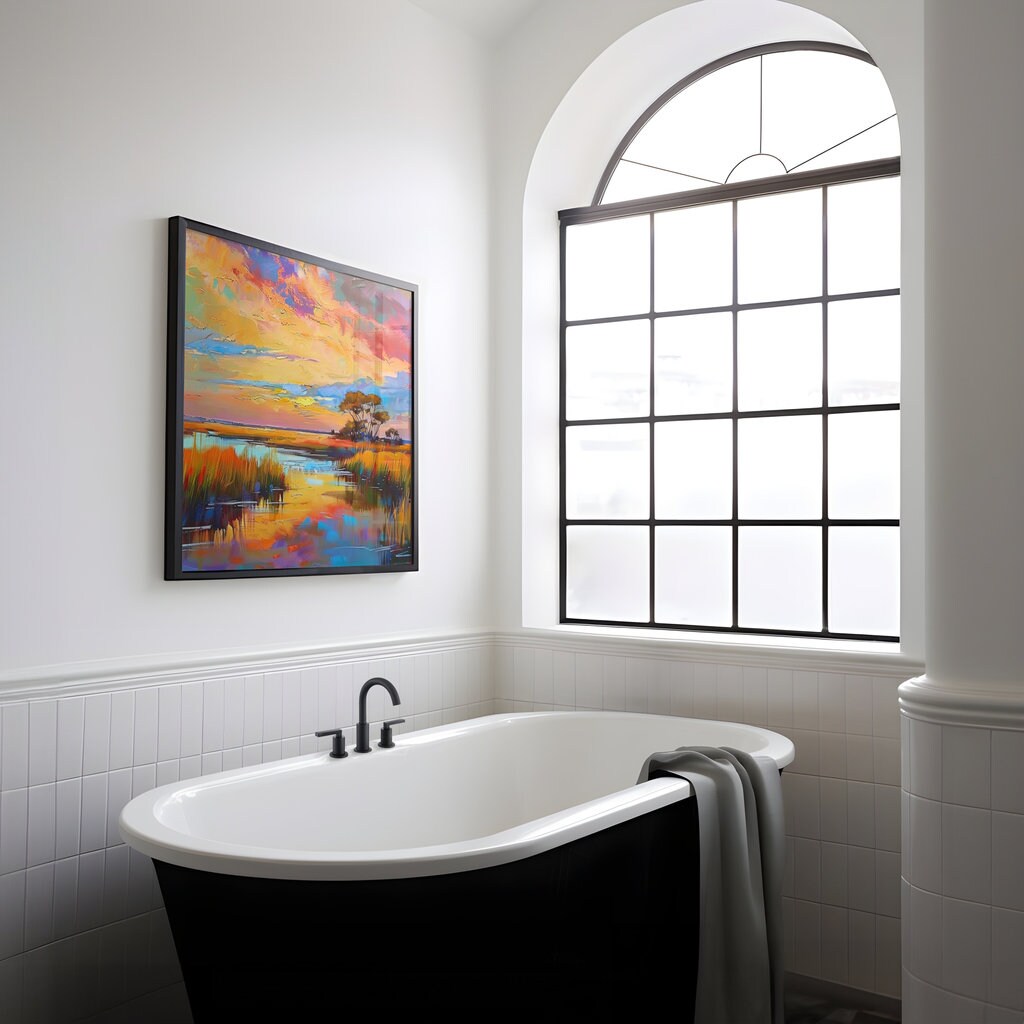 Marsh Sunset Serenity: Impressionist Landscape with Tall Grass & Lone Tree | Serene & Vibrant Wall Art