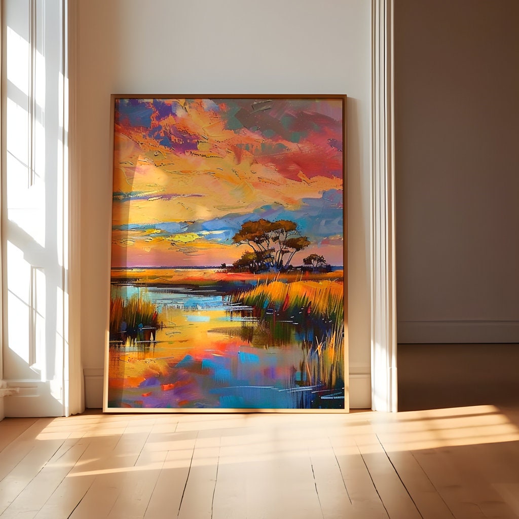 Marsh Sunset Serenity: Impressionist Landscape with Tall Grass & Lone Tree | Serene & Vibrant Wall Art