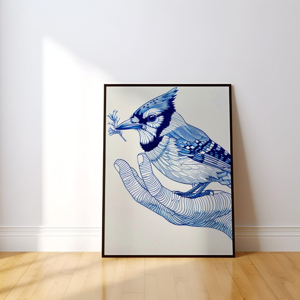 Blue Jay Elegance Intricate Line Interactive Wall Art