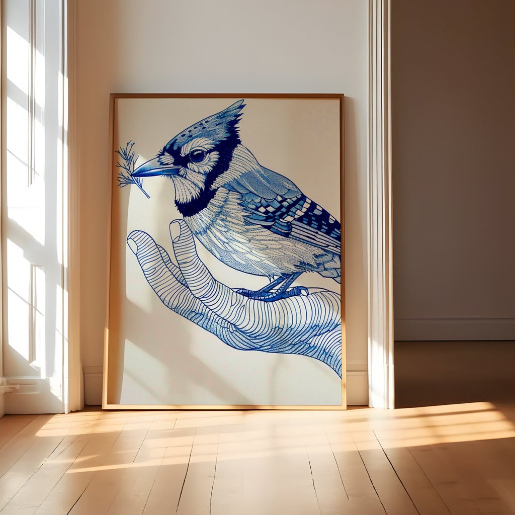 Blue Jay Elegance Intricate Line Interactive Wall Art