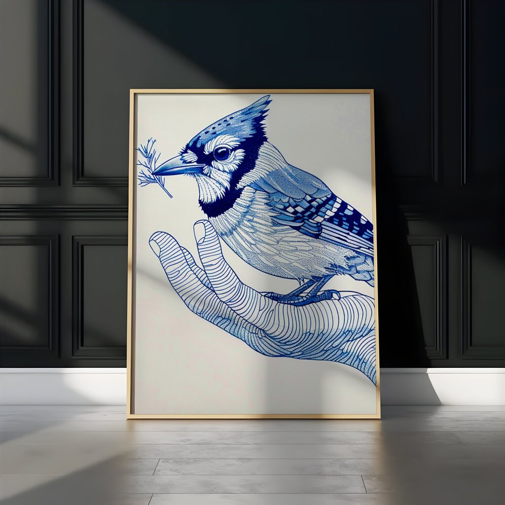 Blue Jay Elegance Intricate Line Interactive Wall Art