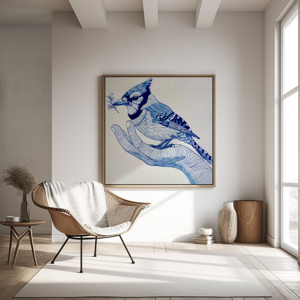 Blue Jay Elegance Intricate Line Interactive Wall Art